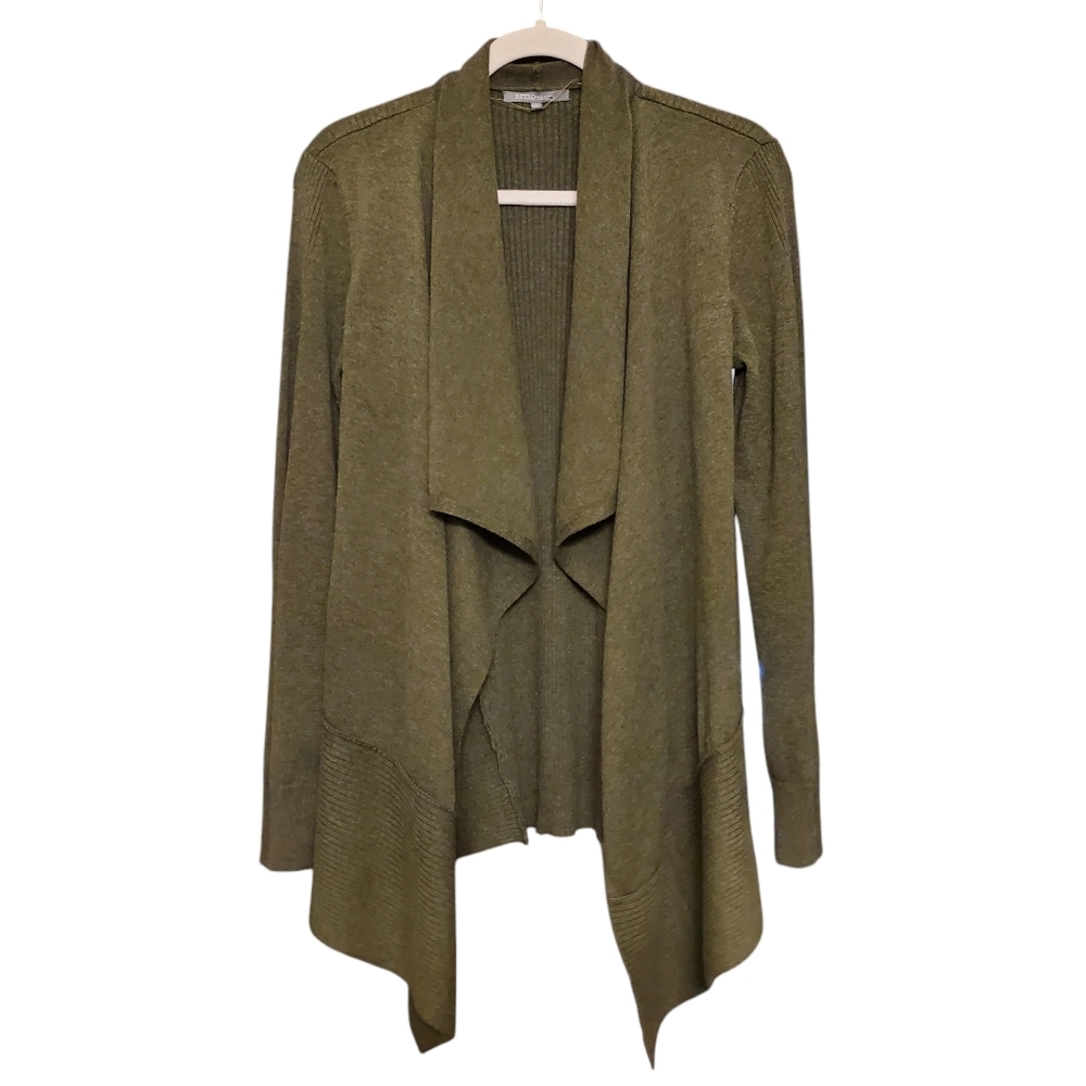 Waterfall Drape Front Olive Green Cotton Blend Lightweight Knit Cardigan Medium